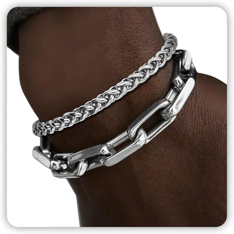 DAYANEY Silver and Gold Bracelet for Men, Cuban Chain Bracelet Set Water Proof Stainless Steel Bracelet for Him, Adjustable Gold Link Men Braclet as Valentines Jewelry Gifts for Boyfriend, Dad and Son - Image 1